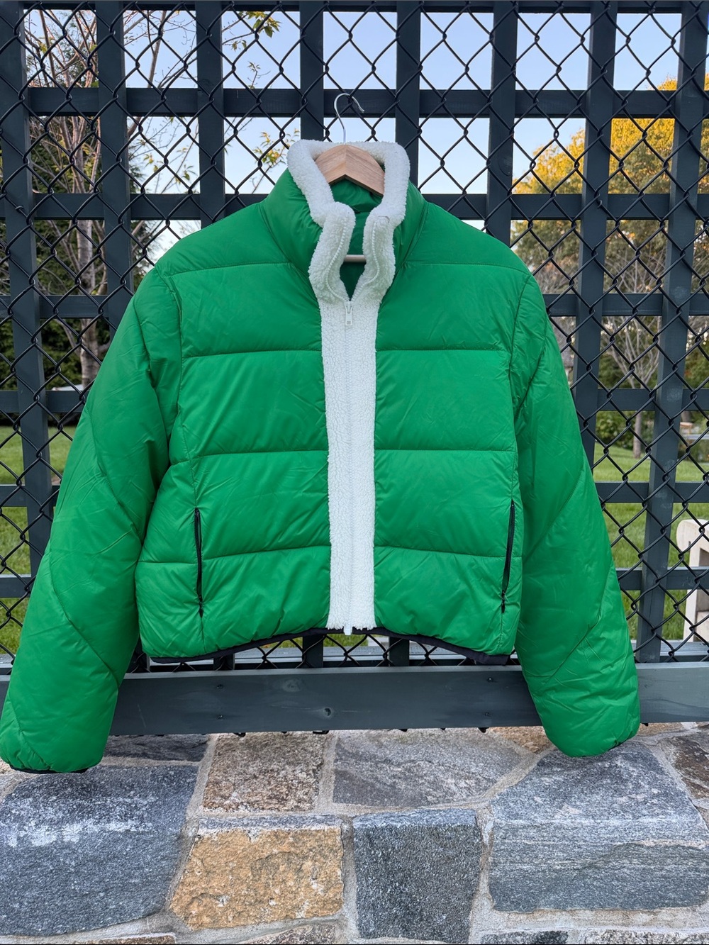 Cabi Women’s Green Puffer Jacket Sherpa Trim Dog Print Lining Size M